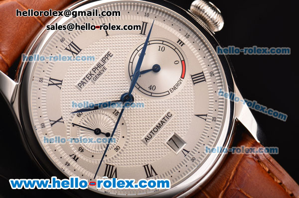 Patek Philippe Complications Asia ST22 Automatic Stainless Steel Case with Brown Leather Strap and White Dial Roman Markers - Click Image to Close
